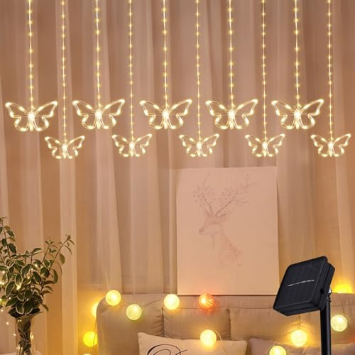 Lichtervorhang Innen, 3Meter Schmetterlings Vorhang Lichterketten USB 8 Modi LED Lichterkette mit 10 Haken Fernbedienung Timer Verstellbare Helligkeit für Party Innen und außen Deko (Solar)