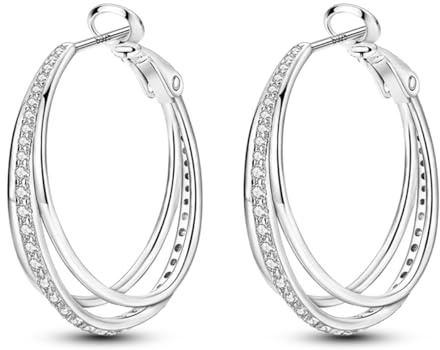 CYMYSS Örhängen Silver 925 Zirkonia Örhängen Sterling Silver Örhängen Damörhängen Creoler Dam 925 Äkta Silver Creoler Örhängen För Kvinnor Silverörhängen (Glittrande tre ringar)
