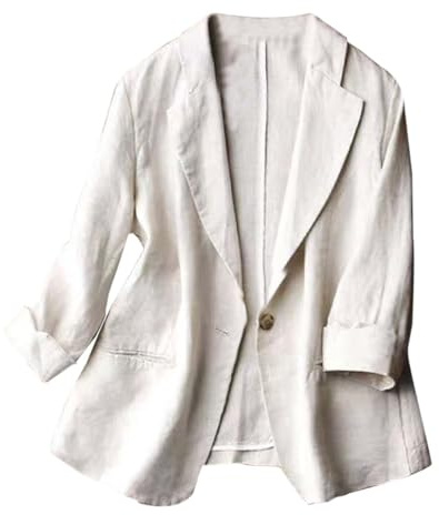 Generisch 2025 - Veste Femme Grande Taille Slim Fit en Coton et Lin Léger Couleur Unie avec Un Bouton Manches 7/4 Noir Femme 48, beige, 4XL