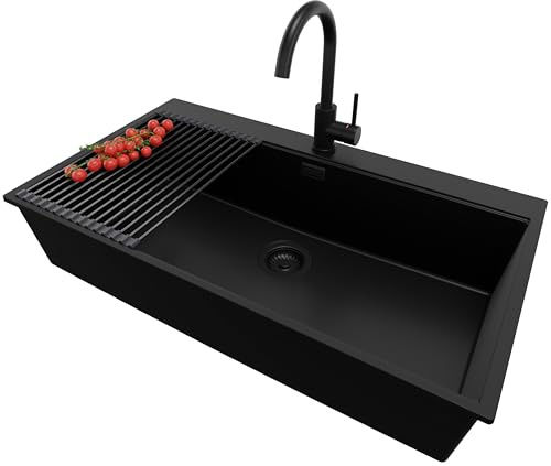 PRIMAGRAN Evier d'angle en Granit Tout Noir 88x50cm, Lavabo Cuisine 1 bac + Robinet 32x20cm + Set d’accessoires, Évier à Encastrer au Meuble 90cm - Oslo S686