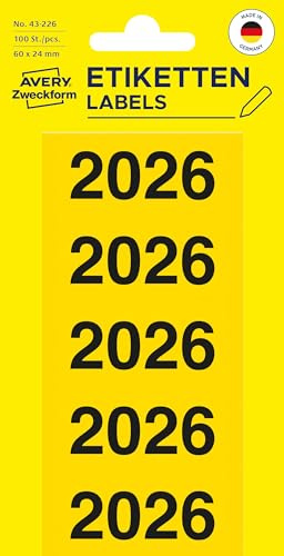 AVERY Zweckform 43-226 Jahreszahlen Aufkleber 2025 selbstklebend (60x24 mm, 100 Jahreszahl-Etiketten mit Aufdruck 2025, optimal für Ordner, absolut blickdicht, permanent haftend) 20 Bogen, gelb