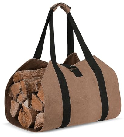 AfitLulu Grande borsa in tela per legno, borsa per legna da ardere da interni, portatile, extra large, resistente, con manici, per campeggio (marrone)