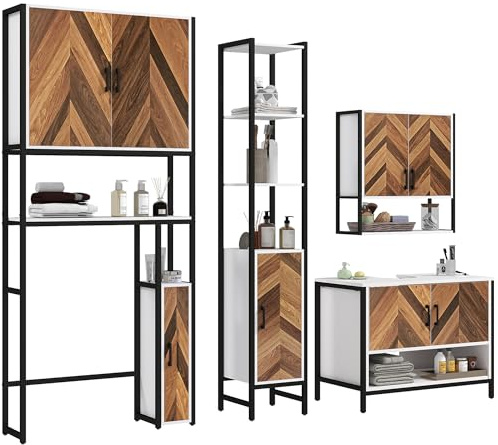 HOMCOM Conjunto de Baño Incluye 1 Columna de Baño 1 Mueble para Debajo del Lavabo 1 Armario de Pared y 1 Mueble sobre Inodoro con Estantes Ajustables Multicolor