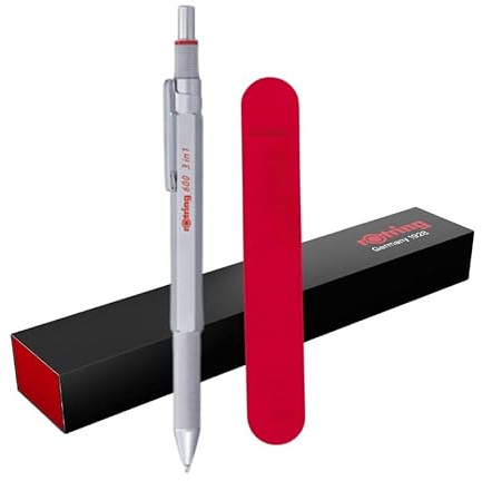 rOtring 600 3-in-1 Multicolor Stift und Druckbleistift, Schwarz & Rot, Druckkugelschreiber (0,5 mm), rotes Samtetui für Spitzenschutz