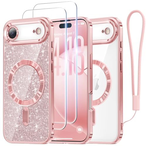 Meifigno Coque pour iPhone Air 6,5 avec 2 films de protection d'écran, or | Compatible avec MagSafe, protection d'appareil photo à double surélevage, avec carte pailletée et dragonne