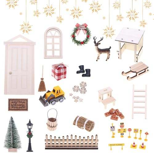 42 Stück Wichteltür Set Weihnachten Komplett, Wichtel Zubehör, Wichtel Baustelle Set, inkl. Feentür, Möbel, Zäun, Leiter, Stiefel, Schlitten für Advent Feentür Weihnachtsdeko DIY Geschenk