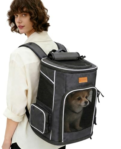 Morpilot Sac à Dos de Transport pour Animal Domestique avec Sangle de Sécurité Intérieure + Bol, Gris Fonce L 33 x l 28 x H 42 cm