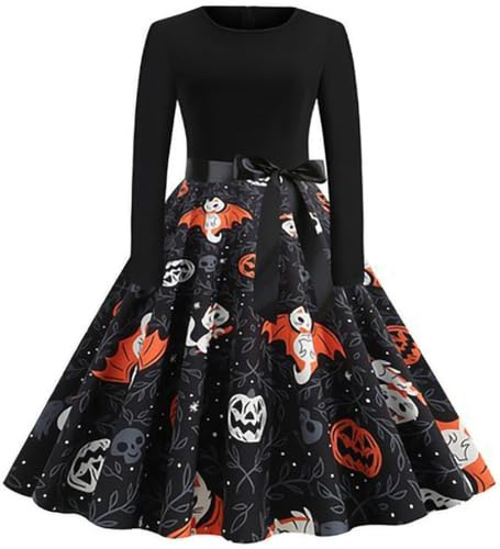 RUISHH Femme Manches Longues Robe Cocktail avec Motif Halloween Robe de Soirée Elégante A-Linie Robes Vintage Rockabilly A-Chat XXL