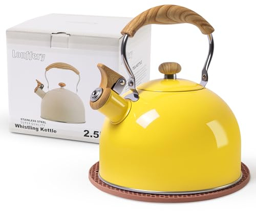 LONFFERY Tea Kettle | 2.5 Quart Whistling Tea Kettle, Tea Pots for Stove Top Food Grade Stainless Steel with Wood Pattern Folding Handle - Yellow
