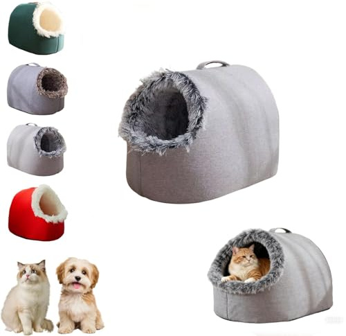 Halbgeschlossenes Katzenhöhlenbett, Plüsch, warmer Winter mit Wärmedämmung, Ganzjahres-weiches Hundebett für kleine, mittelgroße Haustiere, abnehmbar und waschbar (Grau M, unter 3,6 kg)