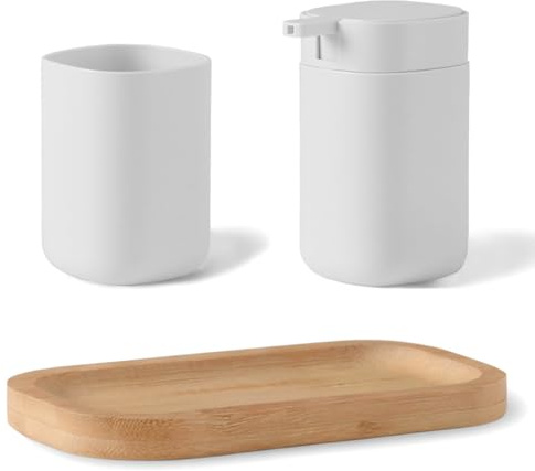 Set Accessori Bagno 3 Pezzi Taki Bianco Con Vassoio In Bambù, Dispenser E Portaspazzolino In Plastica Con Finitura Opaca