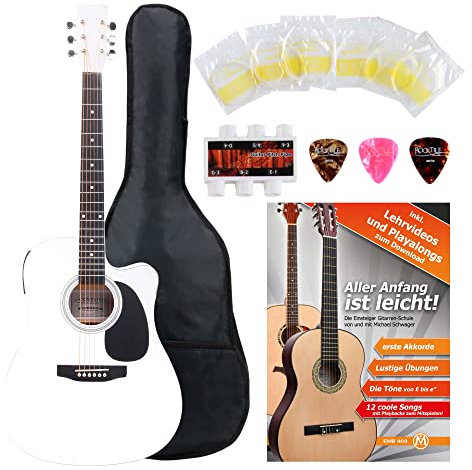 Classic Cantabile WS-10WH-CE Westerngitarre mit Tonabnehmer Starter-Set (Dreadnought-Style, Cutaway, 6 Saiten, 20 Bünde, inkl. Zubehörset, Gitarrentasche, Notenheft, Saiten, Plektren) weiß