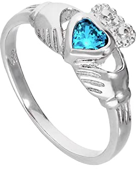 Bague de Claddagh en Argent 925/1000 et Oxyde de Zirconium de Naissance Bleu Clair Mars - Taille 60