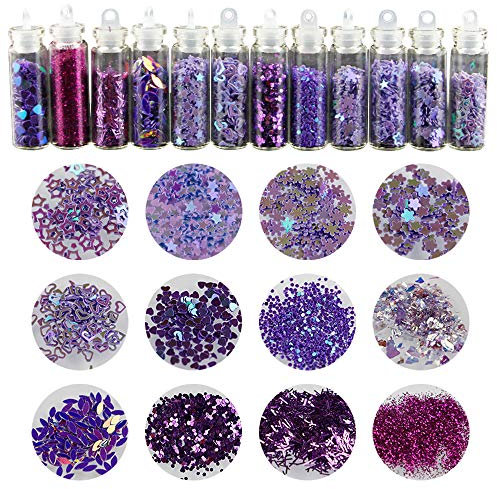 YOFASEN 12 Flaschen Glitzer Set - Buntes Körper-Glitter-Haar- und Nagelkunst Glitter Puder Pailletten Kosmetisches Tattoo Set Kunsthandwerk, Deko-Sand ideal zum Basteln für Kinder, Lila