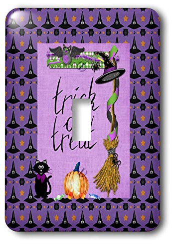 3dRose Cat, Bat, Broom, Hat, Pot, and Pumpkin, Black, Purple, Orange, Green single toggle switch