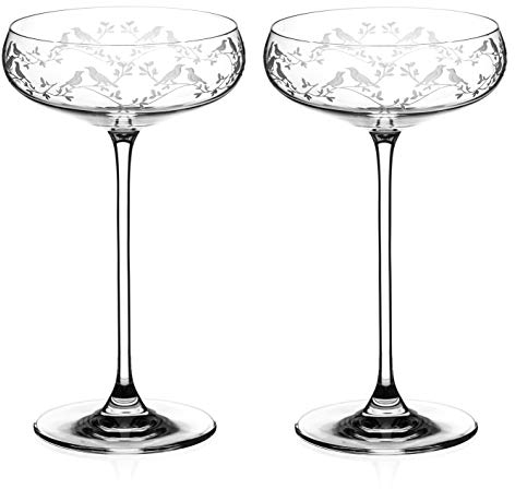 DIAMANTE Champagne Coupes Cocktail Saucers Pair with ‘Birdsong’ Collection Hand Etched Filigree Crystal Design - Set of 2