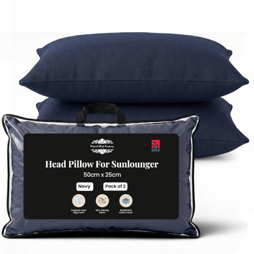 Original Sleep Company Sun Lounger Pillow Pack of 2, 50x25cm, Navy Headrest | Adjustable Garden Chair Headrest for Sunbeds, Recliners and Deckchair, Soft Head Support, Made in Britain, OEKO-TEX Certified