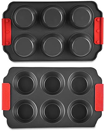Zuvo Non-Stick 6 Cup Muffin Tray with Silicone Handles Dishwasher Safe Cupcake Pan Muffin Tray with Stain-Resistant Baking Mould for Cupcakes Bakeware, Black