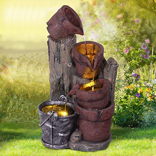 Gartenbrunnen Brunnen Zierbrunnen Zimmerbrunnen Springbrunnen Brunnen Wasserfall Wasserspiel für Garten (Wald-Quelle mit LED-Licht - 230V)