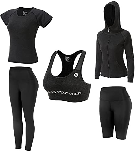JULY'S SONG Amélioré Vêtements de Yoga Costumes 5 Pièce Ensembles de Sport Pour Femme Gym Running à séchage Rapide Costumes Sportifs pour Dames Vêtements de Sport Vêtements de Fitness Gris foncé M