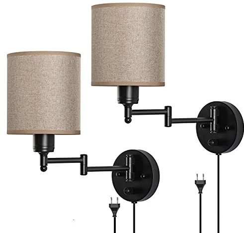 OOWOKS Retro Verstellbare Wandleuchte ​mit Schalter und Stoff Lampenschirm, Schwarz Metall Wandlampe Nchttischlampe mit Stecker und Kabel, Innen E27 Industrial Lampe für Wohnzimmer Schlafzimmer,2pack