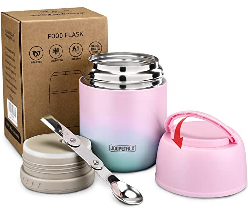17 oz Insulated Lunch Containers Hot Food Jar, Wide Mouth Soup Thermo for Hot Food Kids Adults, Vacuum Stainless Steel Thermo Lunch Box With Handle Folding Spoon for School, Office (Blue-Pink)