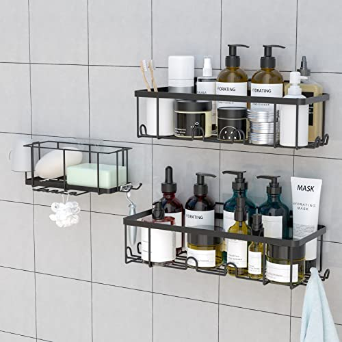 Cinimy Shower Caddy, 3 Pack Bathroom Storage Organiser w/Soap Dish with Hooks, Stainless Steel No Drilling Wall Mounted for Bathroom Kitchen Toilet (Black)
