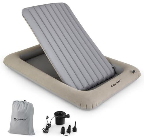 COSTWAY Colchón Inflable de Viaje para Niños, Colchón Portátil con Bomba Eléctrica, Cama Hinchable con Bordes Elevados y Colchón de Doble Cara para Habitación Infantil, Dormitorio (Gris)