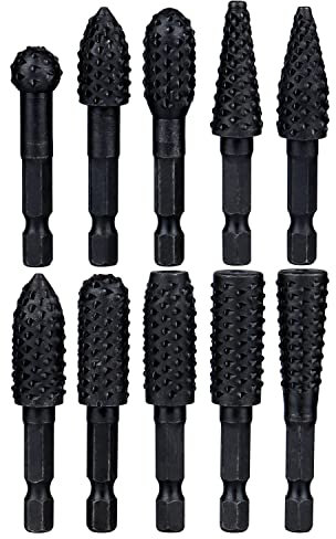 Yakamoz 10Pcs 1/4 Inch Hex Shank Rotary Rasp File Set Wood Carving Burrs Rasp Drill Bits DIY Woodworking Tool for Wood Polishing Deburring Shaping and Grooving