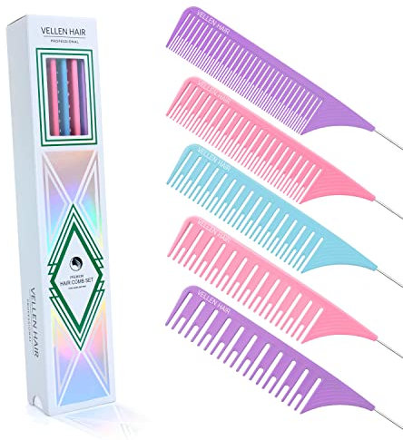 Vellen Hair Ultimate Highlight Comb Set Heat Resistant PEI Material 430°F Heat Resistant Professional Highlight Balayage Comb with Extra Long Stainless Steel Needle - 5 Sizes (Purple)