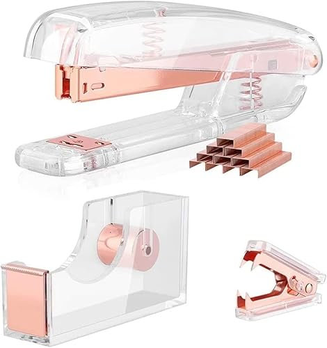 OIDESA Hefter,Büromaterial,Bürobedarf Hefter,Leser Effort Hefter,Mini-Hefter,Transparenter Hefter Tragbarer Hefter 3 Kit Ape Dispenser,Heftklammerentferner,Hefter-Set – (Roségold) (Roségold)