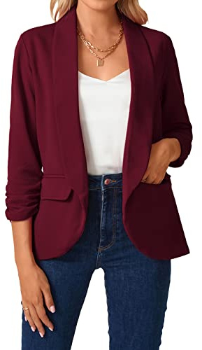 MINTLIMIT Womens Casual Blazers Open Front 3/4 Sleeve Shawl Collar Casual Work Office Jackets Blazer (Wine Red, Size L)