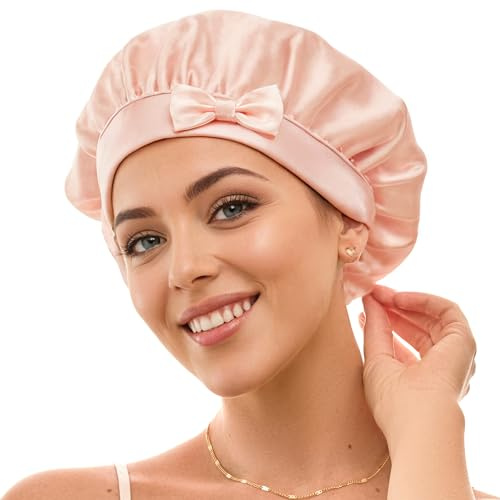 Seidenhaube – Schlafhaube aus 100% Maulbeerseide, atmungsaktive und anpassbare Schlafmütze, rutschfeste seidene Haarhaube, Nachtmütze für lockiges Haar mit elastischem Band (Pink)
