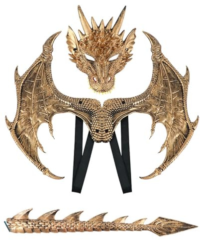 Sunshine smile Drachen Kostiim,Drachenkostum Kind,Drachenflügel,Halloween Drachen Maske,Drachen Kostim Erwachsene,Dinosaurier Cosplay Set für Kinder Jungen Mädchen Halloween Party Karneval, Gold