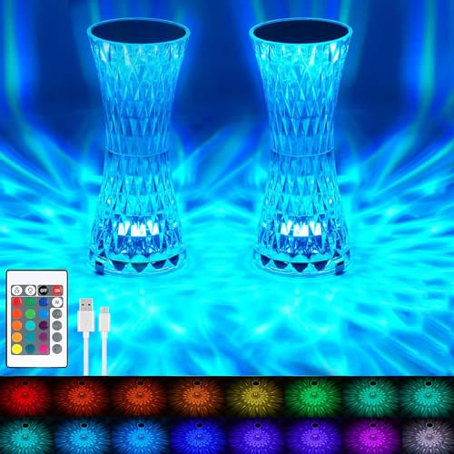 YeahBoom 2 Stück LED Kristall Tischlampe,2000mAh 16 Farben Touching Control Rose Crystal Lampe,Nachttischlampe Touch Dimmbar mit Fernbedienung,RGB Farbwechsel Nachtlicht für Schlafzimmer Wohnzimme