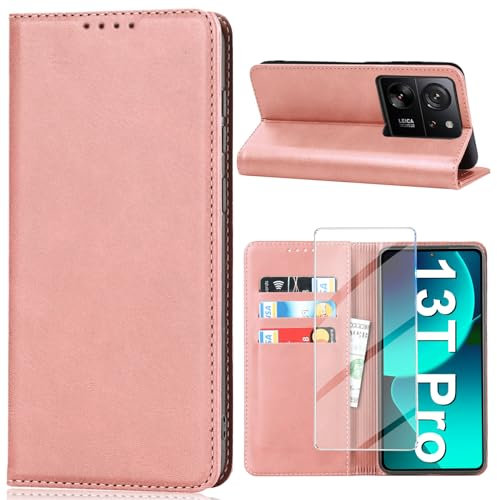 Vaki Funda para Xiaomi 13T Pro/13T con protector de pantalla de cristal blindado, funda protectora 13T Pro 5G de piel, tarjetero, función atril, funda plegable para Xiaomi 13T/13T Pro Case Cover