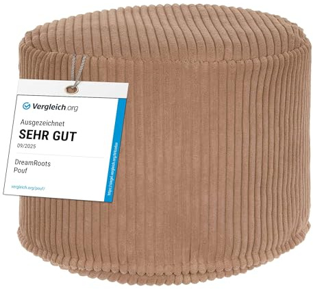 DreamRoots Cord Pouf Hocker rund 50x50x35 cm, Brown Bear | Runder Bodenstuhl, Sitzkissen Boden, 380 g/m², für Wohnzimmer, Schlafzimmer & Homeoffice, waschbar, Fußhocker