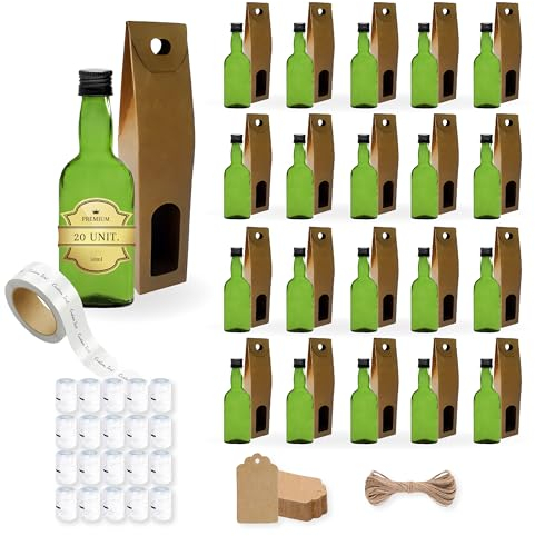 Espirito Rebelde 20 mini botellas de vino de Oporto de 50 ml con tapón de rosca negro, caja, etiqueta kraft, hilo y etiqueta personalizable - Mini botellas de alcohol - Regalos,bodas