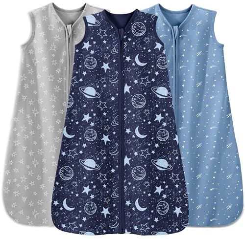 Unnivoll 3er Pack Schlafsack Baby Sommer 0.5 Tog 100% Baumwolle Sommerschlafsack Babyschlafsack 6-12 monate 78 cm für Jungen Mädchen Neugeborene Grauer Blauer Planet