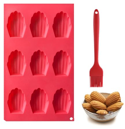 AYNKH Mini Madeleine Baking Moulds with Oil Brush, Silicone Shell Shaped Cake Mould, 9 Cavities Non-Stick Coating for Chocolate Biscuits Sweets Ice Cubes