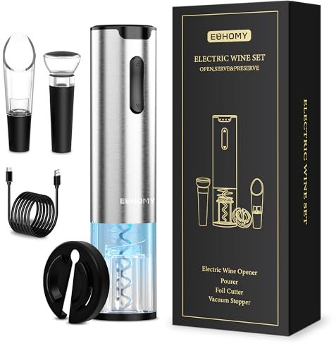 EUHOMY Electric Opener Set - Bottle Opener with Aerator Pourer, Foil Cutter, Stainless Steel Automatic Corkscrew, and Vacuum Stopper - Fine Set for Wine Lovers