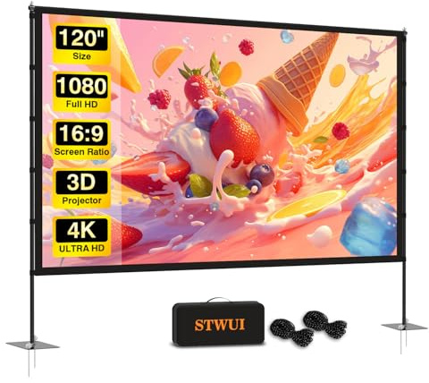 STWUI Outdoor-Projector-Screen-with-Stand - 120 inch Portable Projection Screen Indoor Outdoor Projector Screens 16:9 4K HD Lightweight Movie Screen with Carry Bag for Backyard Movie Night