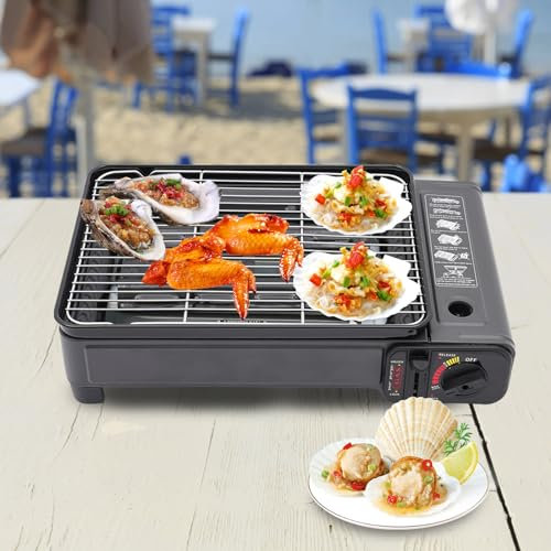 Barbecue da campeggio portatile per terrazza/campeggio/grigliate, barbecue a gas, tanica butano o serbatoio GPL, due connettori a gas, 41,5 x 28 x 11 cm