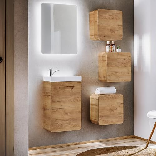Lomadox Badmöbel Set Gäste WC Badezimmermöbel Badezimmer Schränke Waschtischunterschrank LED Spiegel in Eiche Nb. B/H/T ca. 90/195/22 cm