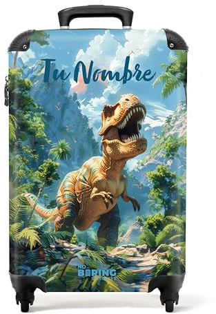 NoBoringSuitcases.com Kinderkoffer Jungen, Personalisiert, Hartschalenkoffer, Reisekoffer Klein, Kindertrolley, Handgepäck 55x40x20 cm (T-Rex im Dschungel - Grün)