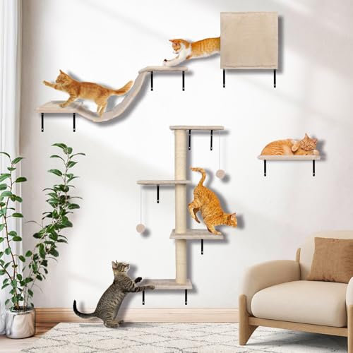 Myiosus kletterwand Katzen, Katzen Wandelemente 10-teiliges, Bequem Wandkratzbaum, Aus starken Mehrschichtplatten, Katzenmöbel mit Große Hängebrücke, Kratzsäule mit Sisal, Spielwandregal, bis 10 kg
