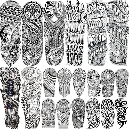 20 Blätter Tribal Maori Temporäre Tattoos Herren Damen Klebetattoos Erwachsene, Schwarz Buchstaben Fake Tattoos Zum Aufkleben Männer Frauen Ärmel, Groß Halloween Tattoo Aufkleber Haut Loyalität Glaube