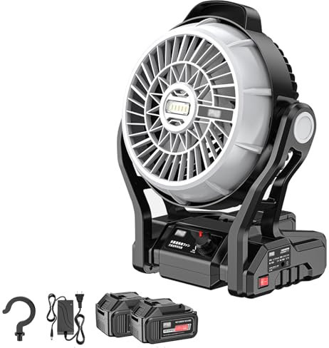 YUHANG Ventilatore da Campeggio Portatile,Universale DC/AC,120° Capovolto,Con Gancio,LED,Velocità Infinitamente Variabile,Per Pesca e Picnic,4000/6000mAh (Black,6000mAh-Dual Battery)