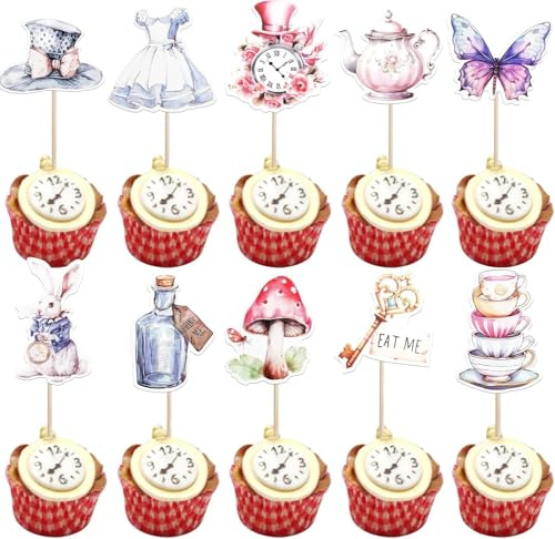 40 pezzi Alice nel paese delle meraviglie, decorazione per torte, tè, feste, cupcake, farfalle, fiori, ciotole, orologio per chiavi, per bambini, compleanni, feste, torte