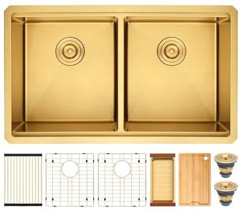 LQS Gold Kitchen Sink Undermount/Top Mount, 16 Gauge Stainless Steel 50/50 Double Bowl Kitchen Sink with Cutting Board and Sinks Drain Strainers, Gold Undermount Kitchen Sinks with X-Shaped Drain Line